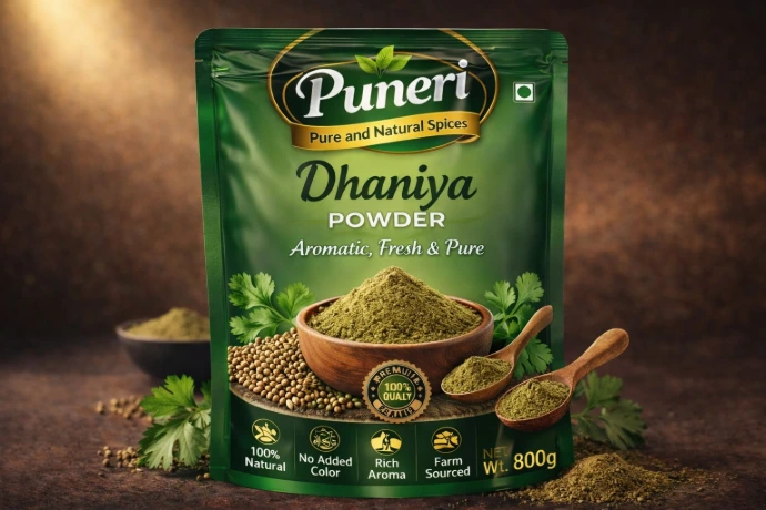 High quality coriander powder spice processed and packed by Puneri Spices for cooking and export